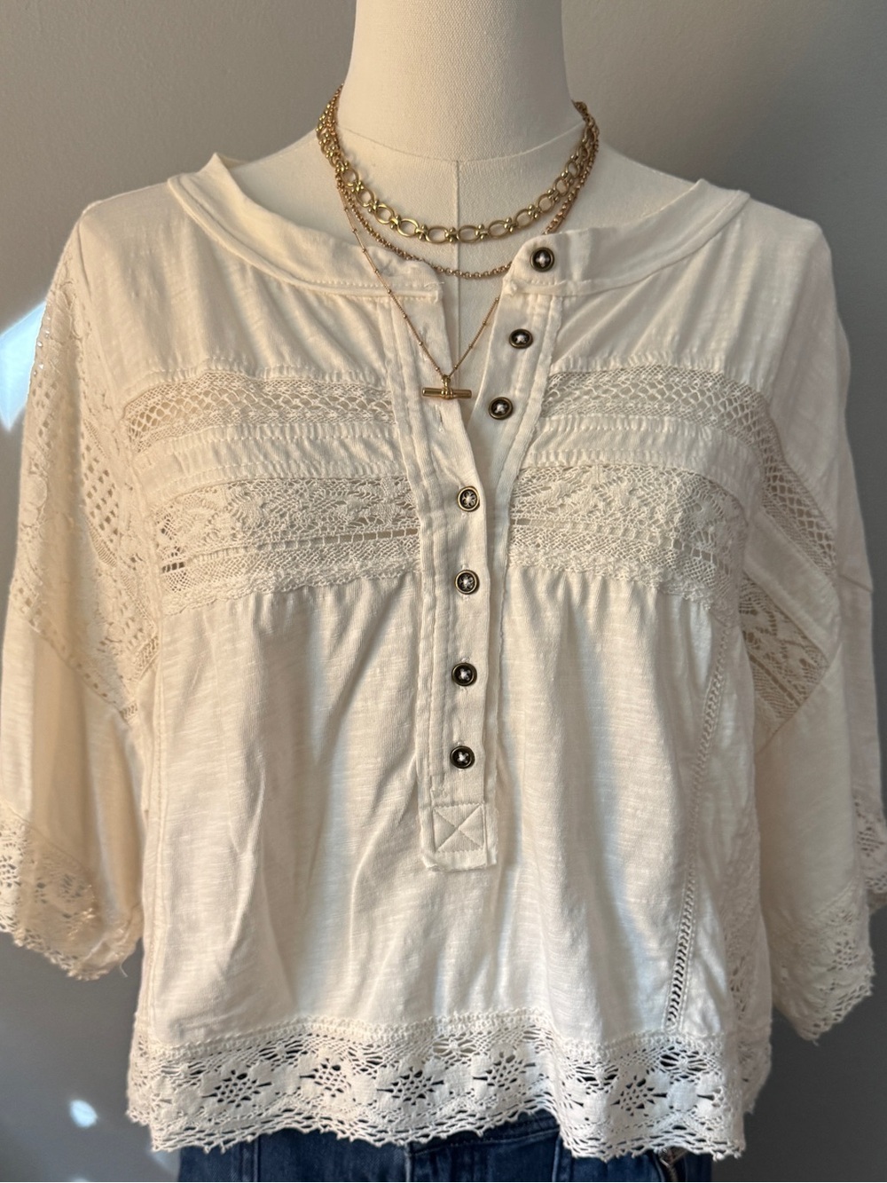 Pilcro Cream Lace-Trim Henley Blouse